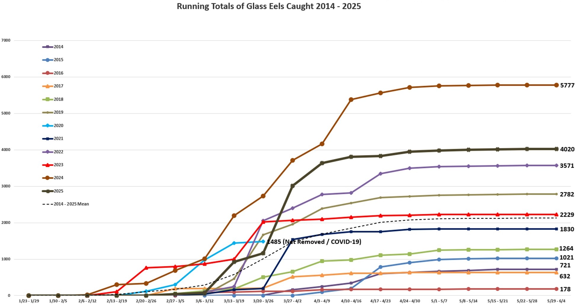 Running Total of Yearly Catches